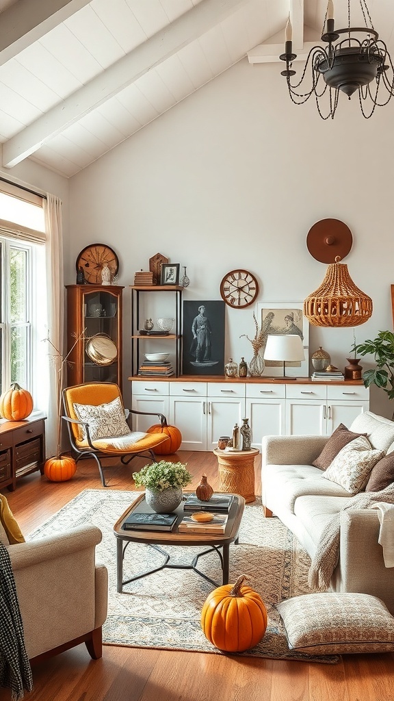 Gemütliches Wohnzimmer mit Vintage-Möbeln und herbstlicher Dekoration