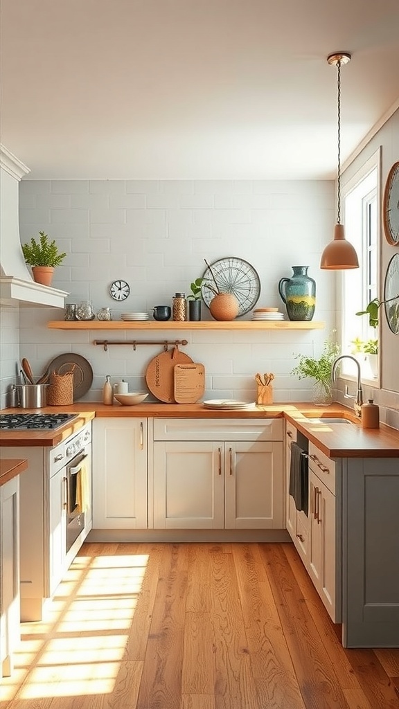 Eine moderne Küche mit Vintage-Elementen, sanften Farben und eleganten Akzenten.