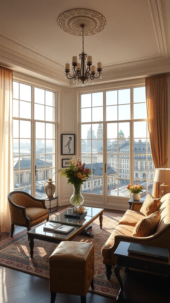 Ein elegantes Wohnzimmer mit großen Fenstern, Vintage-Möbeln und einem Blick auf die Stadt.