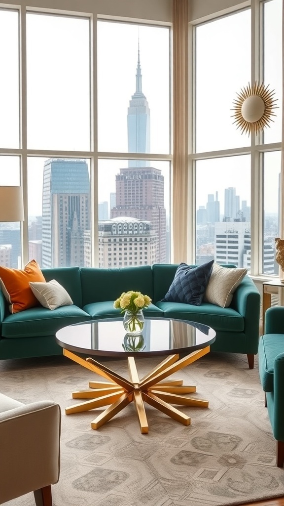 A stylish living room featuring a vintage-inspired coffee table with a starburst gold base and a glass top, surrounded by a teal sectional sofa and city skyline view.