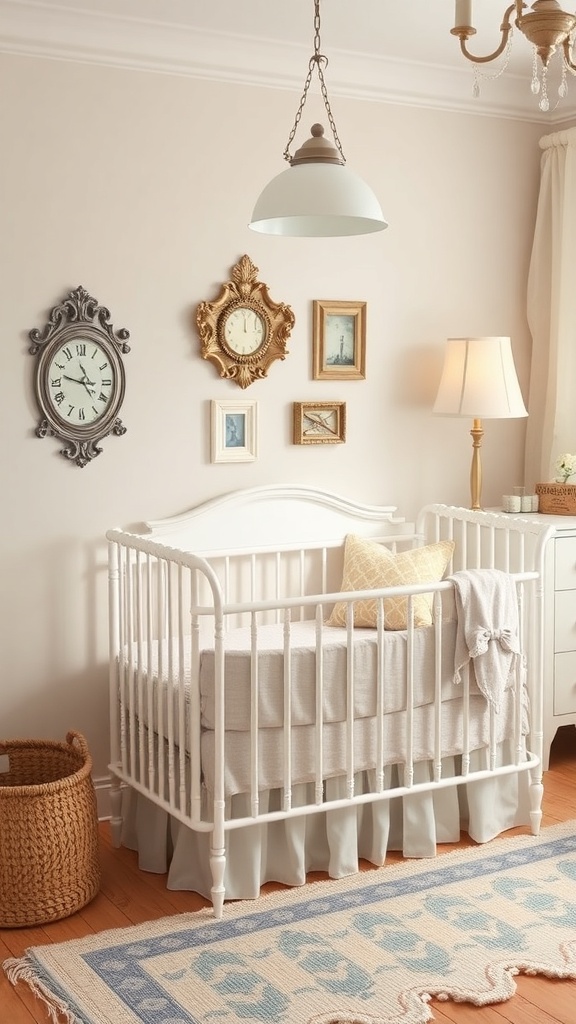 A vintage-inspired nursery featuring a white crib, decorative wall clocks, and warm lighting.