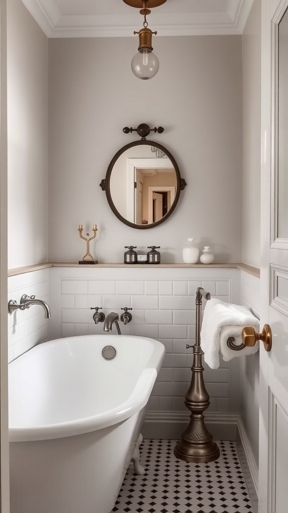 A minimalist bathroom featuring vintage-inspired fixtures, including a round mirror and polished chrome sink.