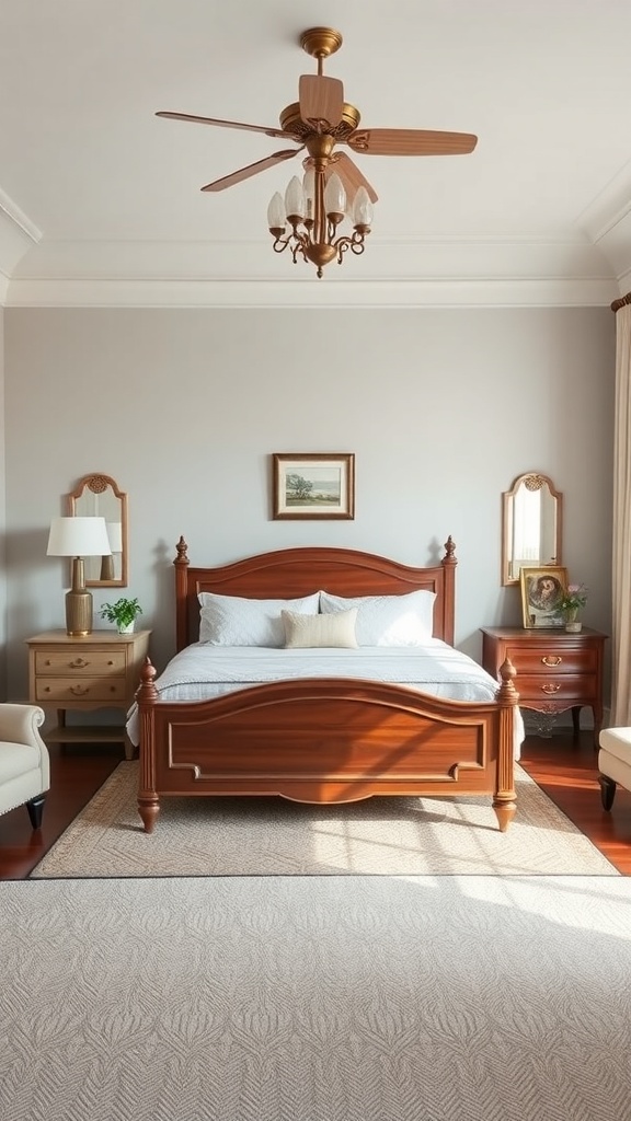 A cozy bedroom featuring vintage-inspired furniture, including a wooden bed frame, nightstands, and decorative mirrors.