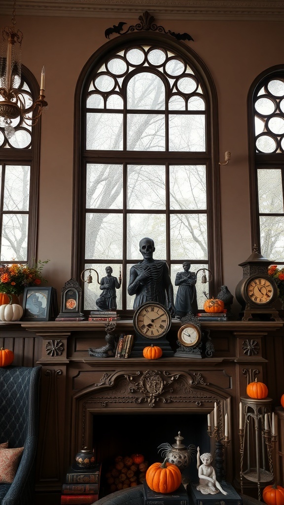 Vintage-inspired Halloween mantel decor with skeletons, clocks, and pumpkins