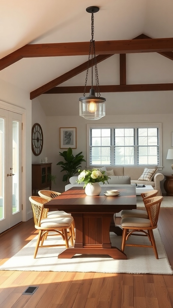 A cozy dining area with vintage-inspired lighting, wooden table, and chairs.