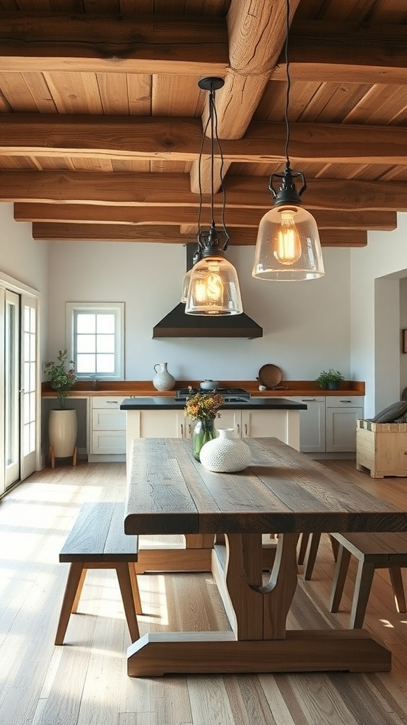 A modern farmhouse dining area featuring vintage-inspired pendant lighting above a rustic wooden table.