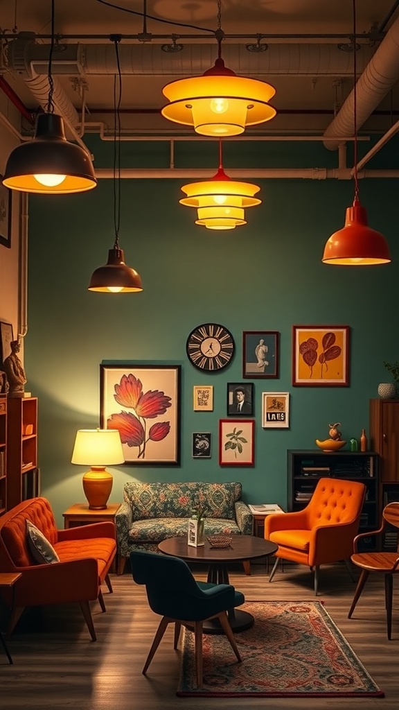 A cozy living room with vintage-inspired lighting, featuring colorful pendant lamps and retro furniture.