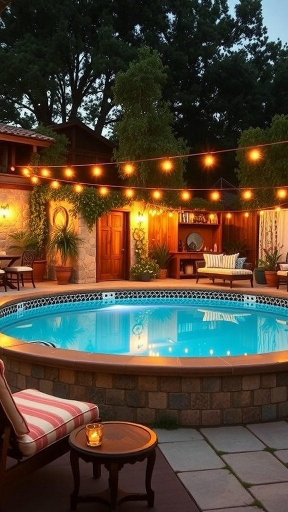 A cozy vintage-inspired poolside area with a circular pool, string lights, and wooden furniture.