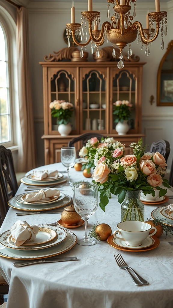 A vintage-inspired table setting with elegant china, floral arrangements, and warm wooden accents.