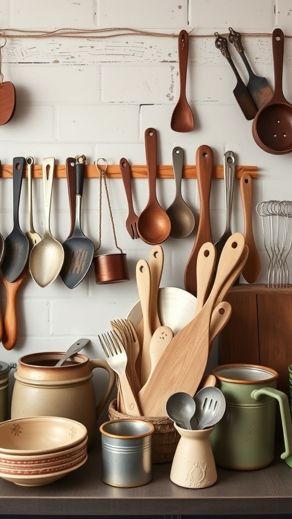 A collection of vintage-inspired wooden utensils and kitchen tools hanging on a wall, with ceramic bowls and jars on a countertop.