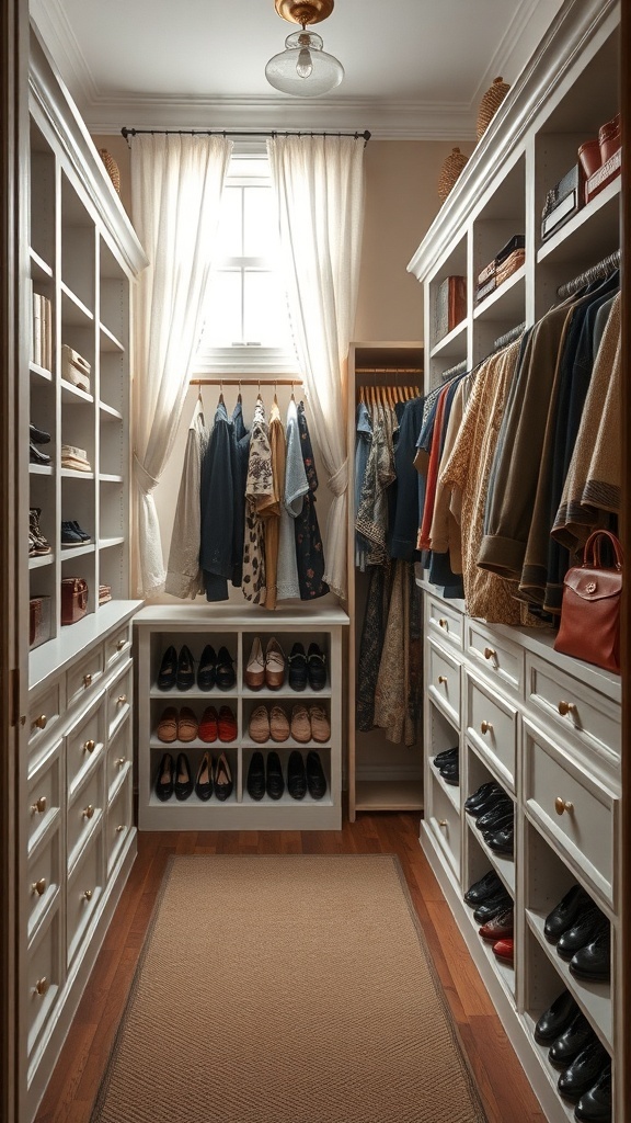 A vintage-inspired walk-in closet featuring antique shoe storage, organized clothing, and warm natural light.