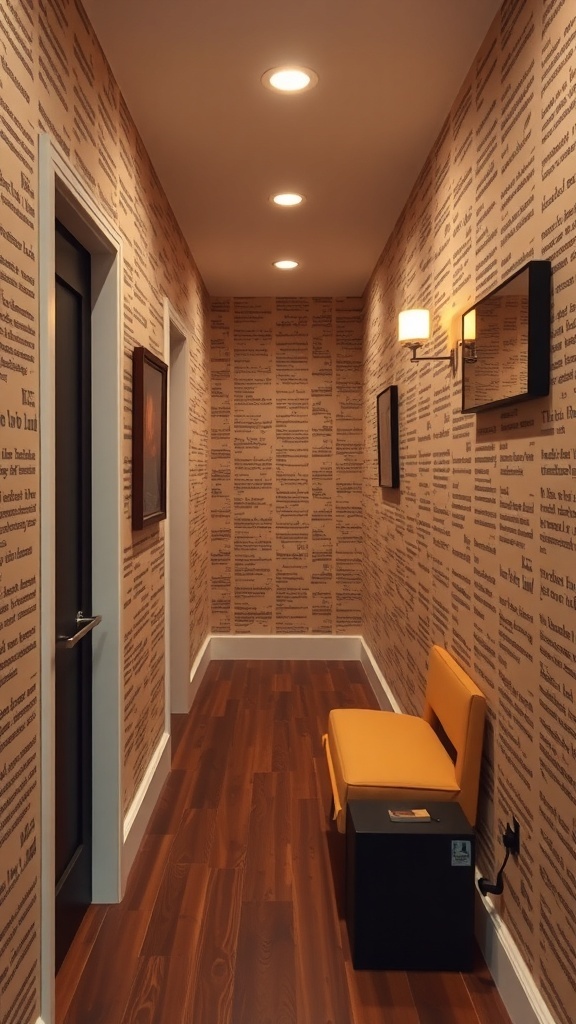 A hallway with vintage-inspired wallpaper featuring a warm, textural design, complemented by a simple bench and lighting.