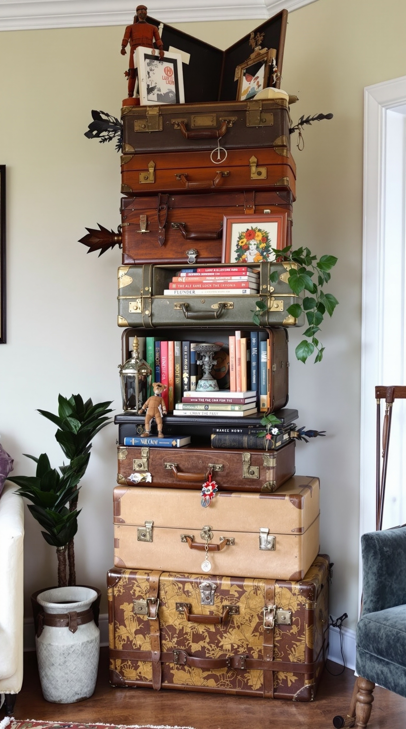 Ein stilvolles Bücherregal mit Vintage-Koffern, gefüllt mit Büchern und dekorativen Elementen, umgeben von gemütlichen Sesseln.