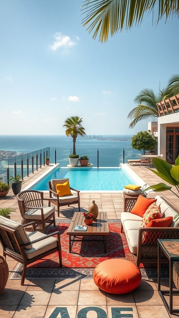 Stilvolle Vintage-Lounge im Freien mit Retro-Möbeln und Blick auf den Pool