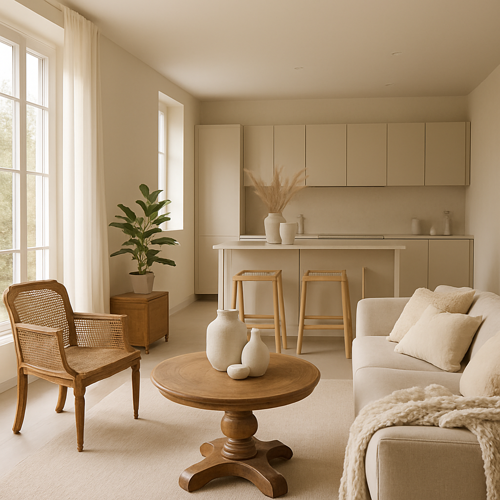 Ein stilvolles Wohnzimmer mit Vintage-Möbeln und modernem Design, einschließlich eines runden Holztisches, einem Rattanstuhl und einer hellen Farbpalette.