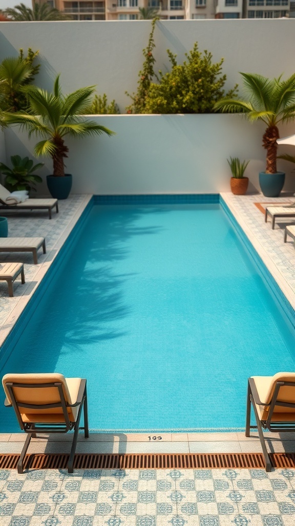 Ein Vintage-Pool im Retro-Stil mit hellen Fliesen, Liegen und umgeben von Pflanzen.