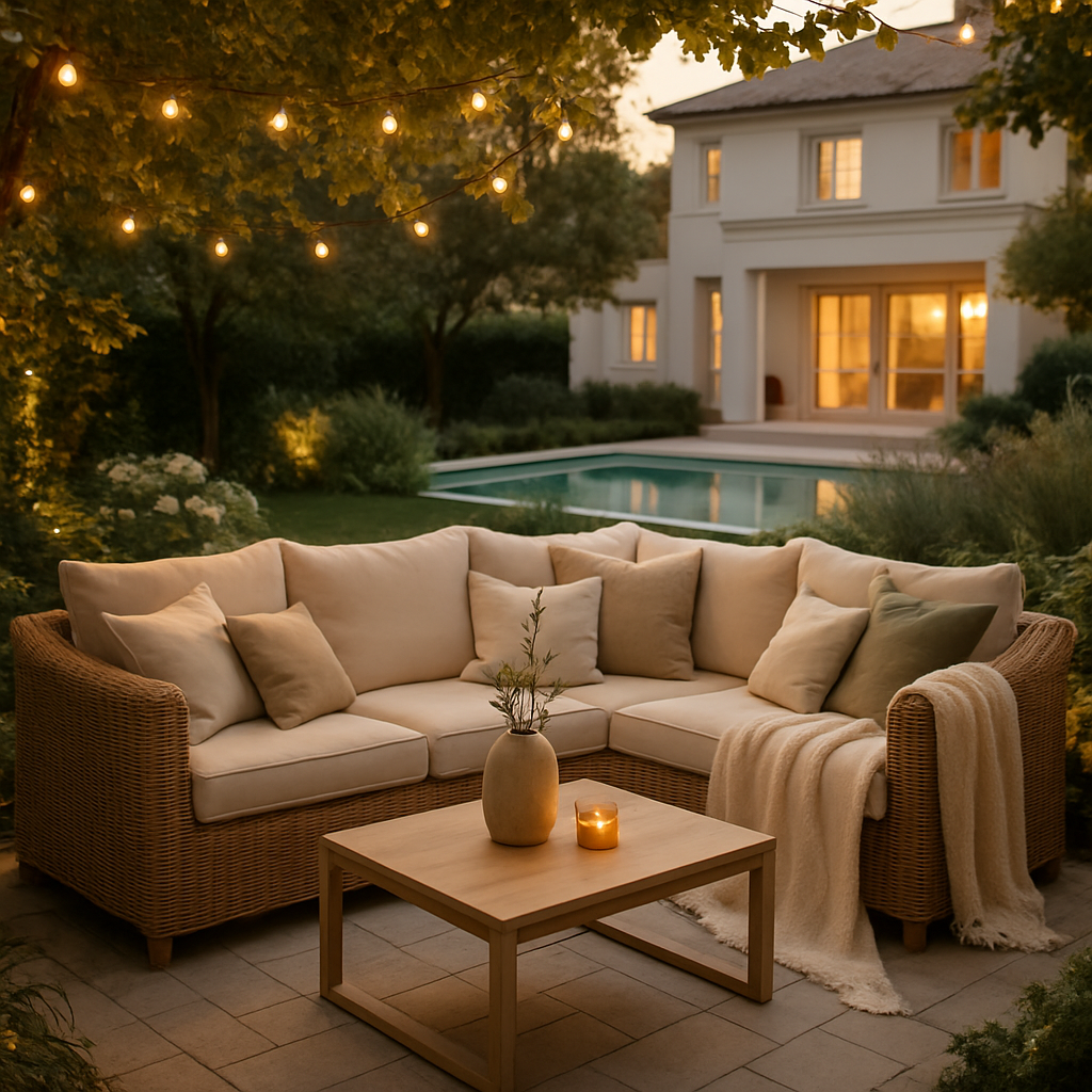 Gemütliche Vintage-Rattan-Lounge im Garten mit Kissen und Kerzenlicht