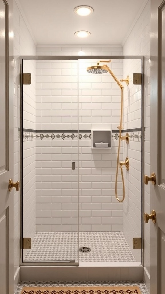 Eine elegante Walk-In-Dusche im Vintage-Stil mit weißen Fliesen und goldenen Armaturen.