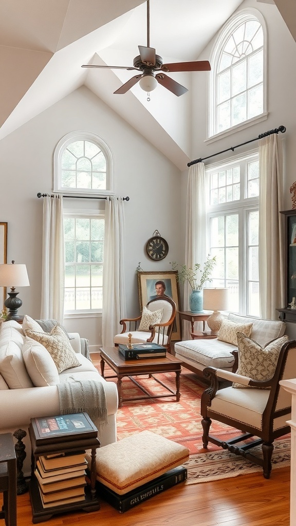 Cozy living room with vintage accents, featuring soft furnishings, large windows, and warm wood tones.