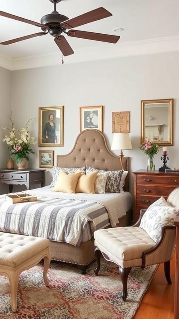 Cozy vintage bedroom with tufted headboard, striped bedding, and framed artwork.