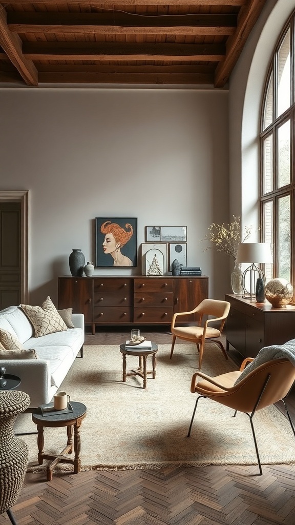 Ein stilvolles Wohnzimmer mit Vintage-Elementen und modernen Möbeln.