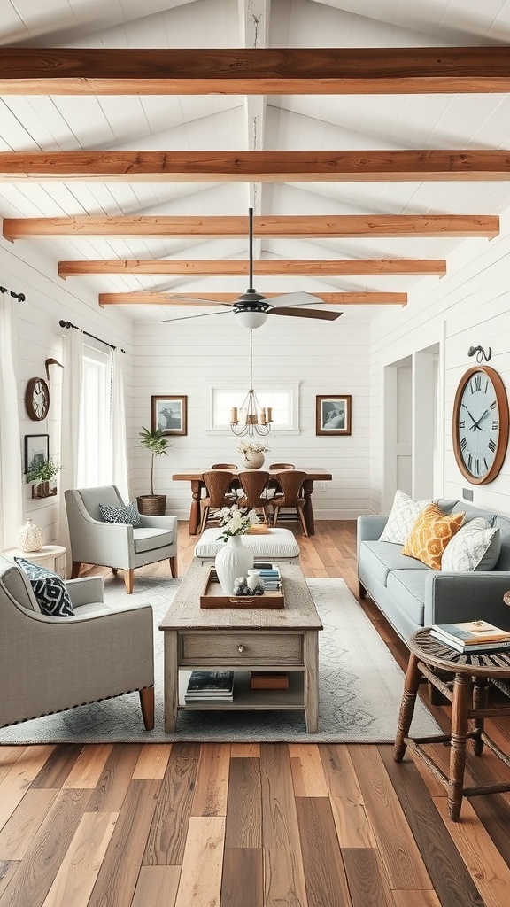 A cozy living room featuring vintage accents and modern decor with wooden beams, soft furniture, and a rustic coffee table.