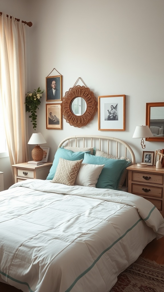 A cozy bedroom featuring vintage accents like framed art, a round mirror, and warm lighting.