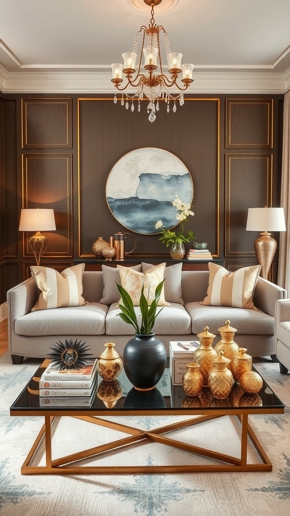 Elegantes Wohnzimmer mit Vintage Accessoires, Sofa, Couchtisch und Wandkunst