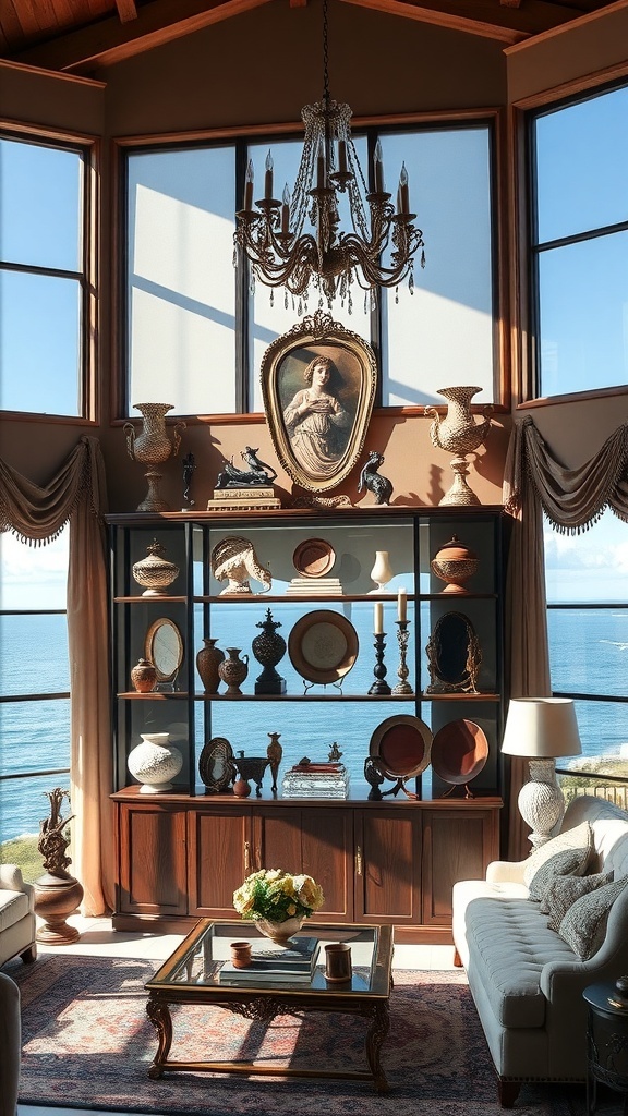 Ein eleganter Raum mit Vintage-Accessoires, einem Kronleuchter und einem Regal voller Keramiken und Vasen.