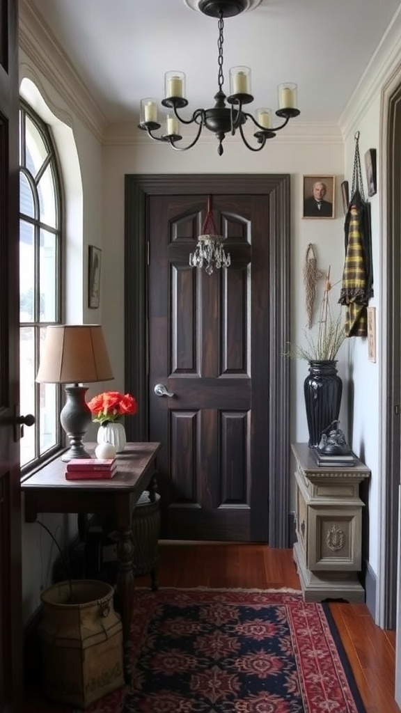 Ein stilvoller Flur mit Vintage-Accessoires, Bildern an der Wand, einem Holzschreibtisch und einem auffälligen Teppich.