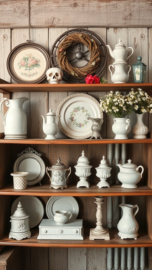 A collection of vintage accessories on wooden shelves, including porcelain teapots, decorative plates, and a rustic wreath.