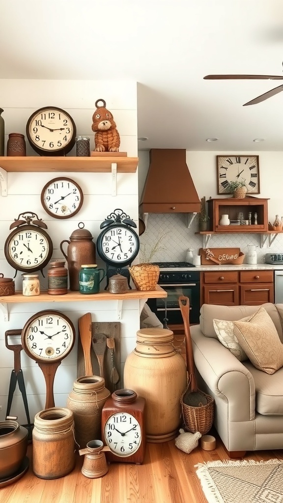 A cozy rustic farmhouse interior featuring vintage clocks, pottery, and wooden utensils.