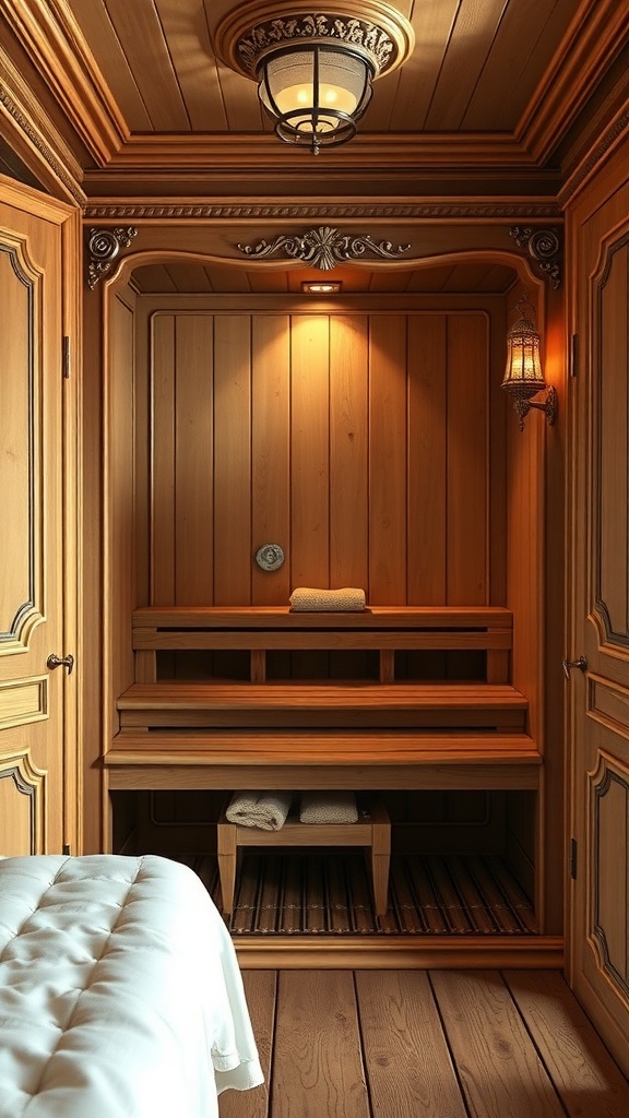A vintage-style sauna with antique finishes, featuring intricate woodwork and warm lighting.