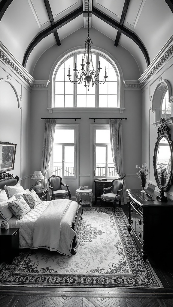 Schlafzimmer in Schwarz-Weiß mit Vintage-Möbeln und eleganter Beleuchtung