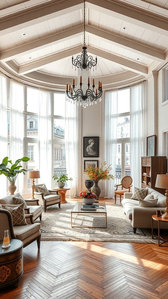 Ein stilvolles Wohnzimmer mit Vintage-Elementen, großen Fenstern und einem Kronleuchter.