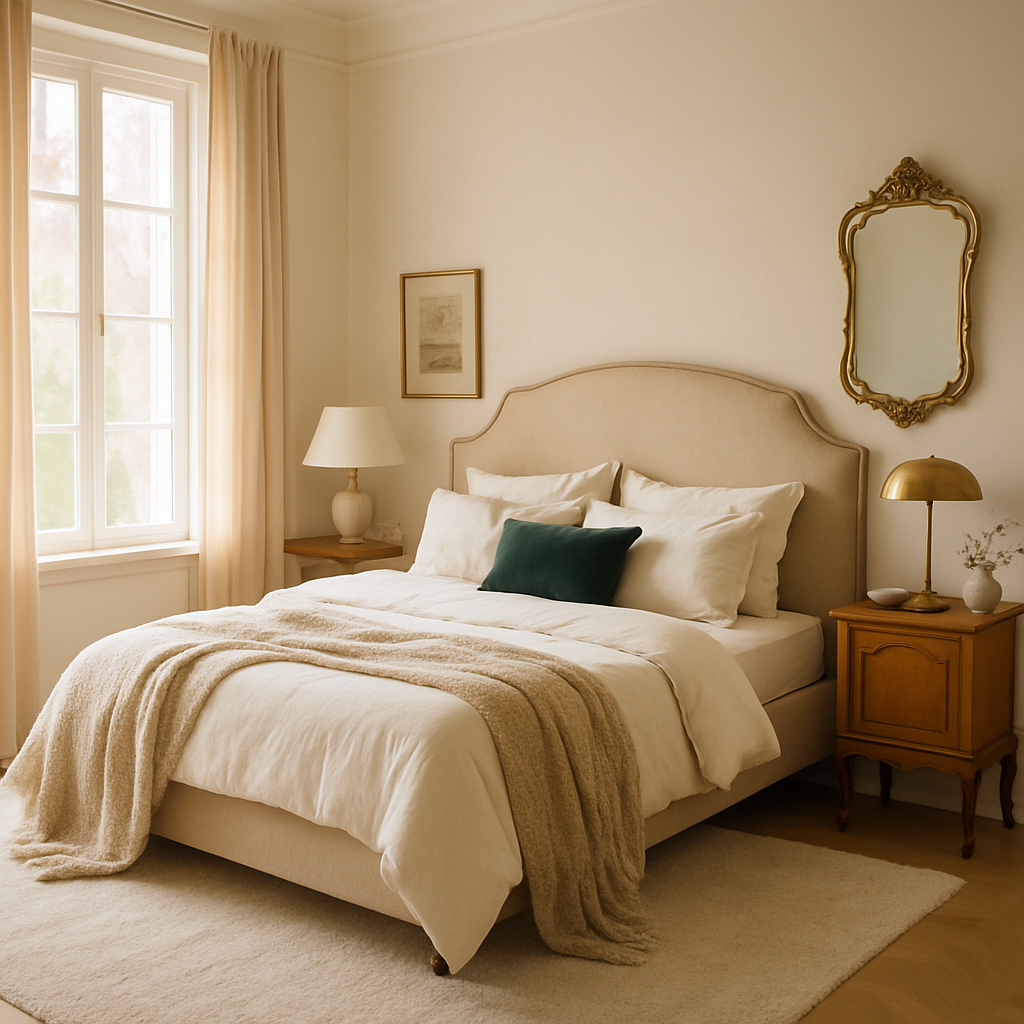 Ein elegantes Schlafzimmer mit Vintage-Elementen, einem gepolsterten Bett, einem Nachttisch und einem goldenen Spiegel.