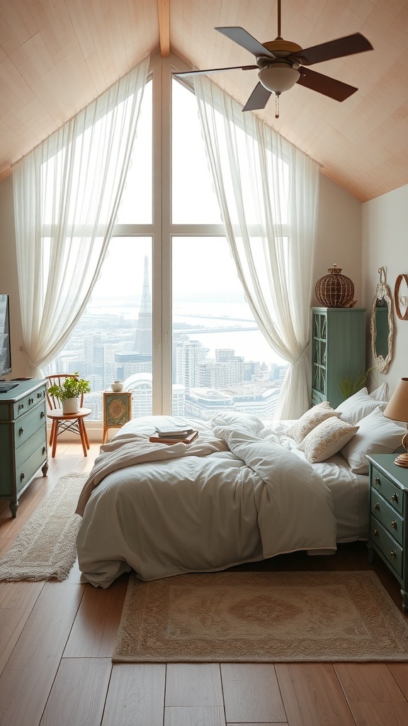Ein helles Schlafzimmer mit Vintage-Elementen, großen Fenstern und Blick auf die Stadt.