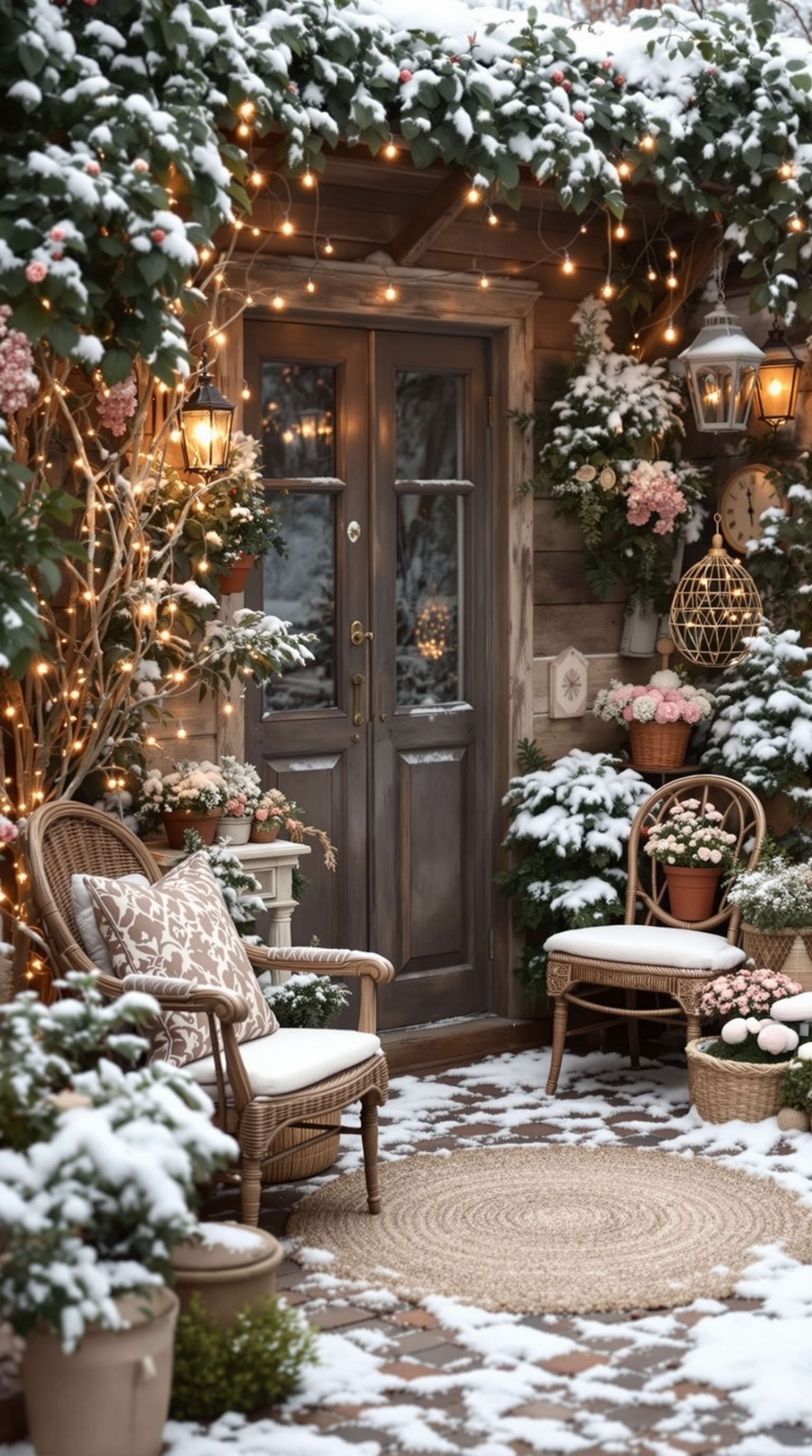 Ein stilvoller Wintergarten mit Rattanmöbeln, Pflanzen und vintage Akzenten.