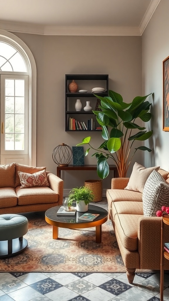 Gemütliche Sitzecke mit Vintage Art Deco Möbeln, Pflanzen und modernem Design.