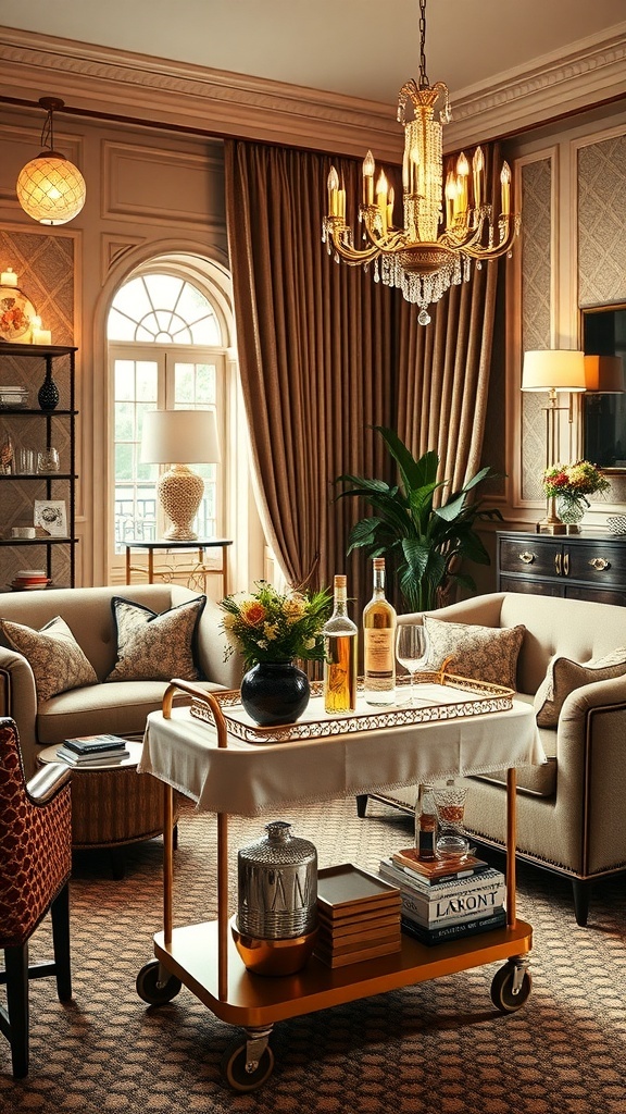 Ein eleganter Vintage-Barwagen mit Spirituosen und Blumen in einem stilvollen Wohnzimmer.