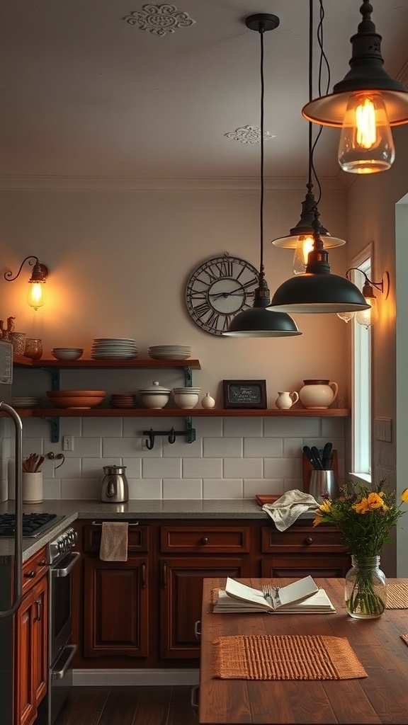 Eine gemütliche Küche mit Vintage-Beleuchtung, die eine Pendelleuchte und Wandleuchten zeigt.