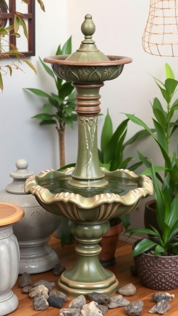 A vintage bird bath fountain in a cozy indoor setting surrounded by plants and decorative stones.