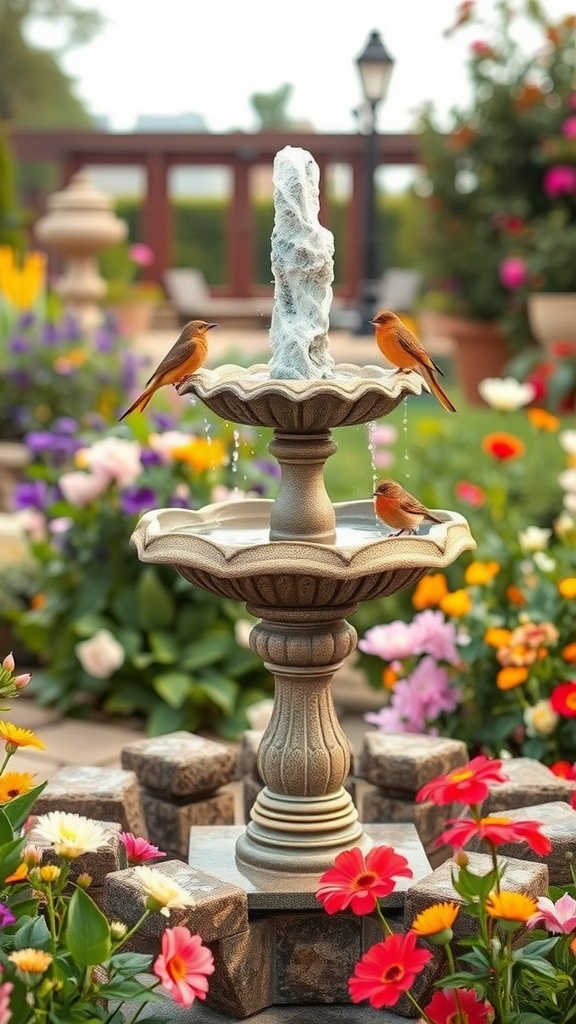 A vintage birdbath fountain surrounded by colorful flowers, with birds perched on the edges.