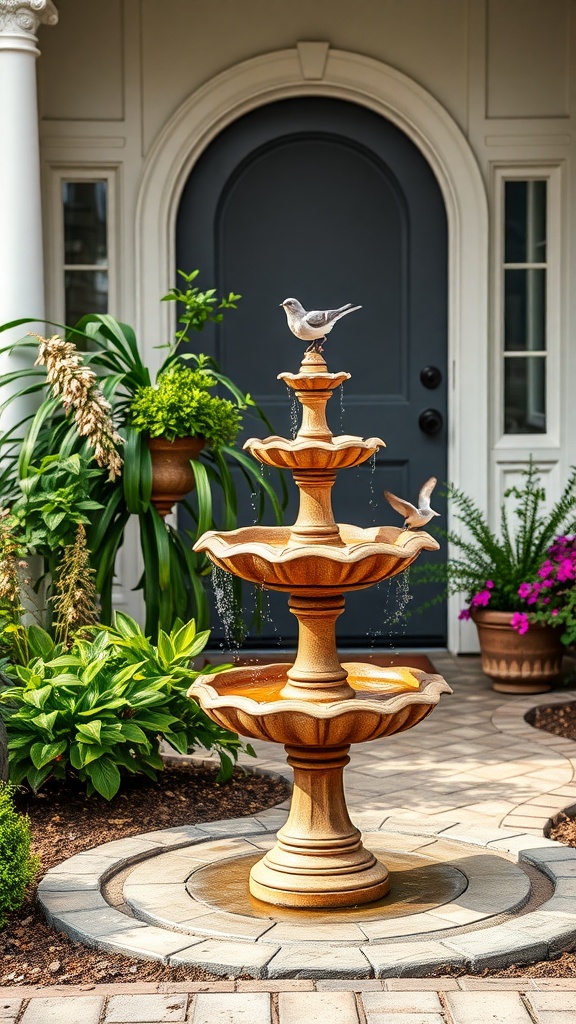 A vintage birdbath fountain with a bird on top, surrounded by greenery and flowers, in front of a home.