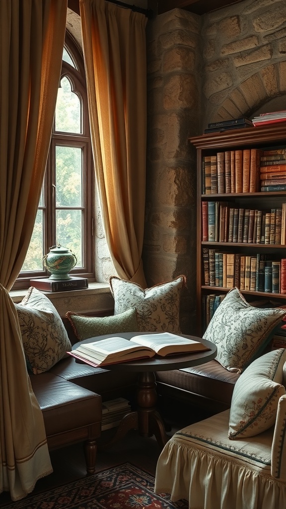 A cozy reading nook with vintage books on a shelf and a table, surrounded by warm curtains and cushions.