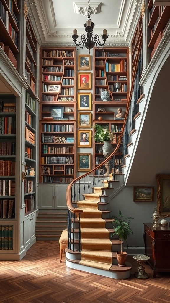 A vintage bookshelf staircase design featuring wooden shelves filled with books, framed portraits, and a cozy atmosphere.