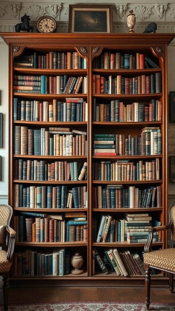 A vintage bookshelf filled with antique books and decorative items, featuring two elegant chairs beside it.
