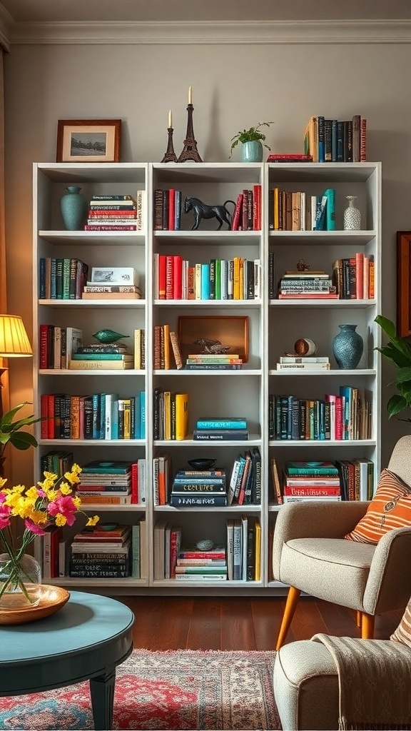 A cozy living room featuring vintage bookshelves filled with books, a red sofa, and geometric decor.