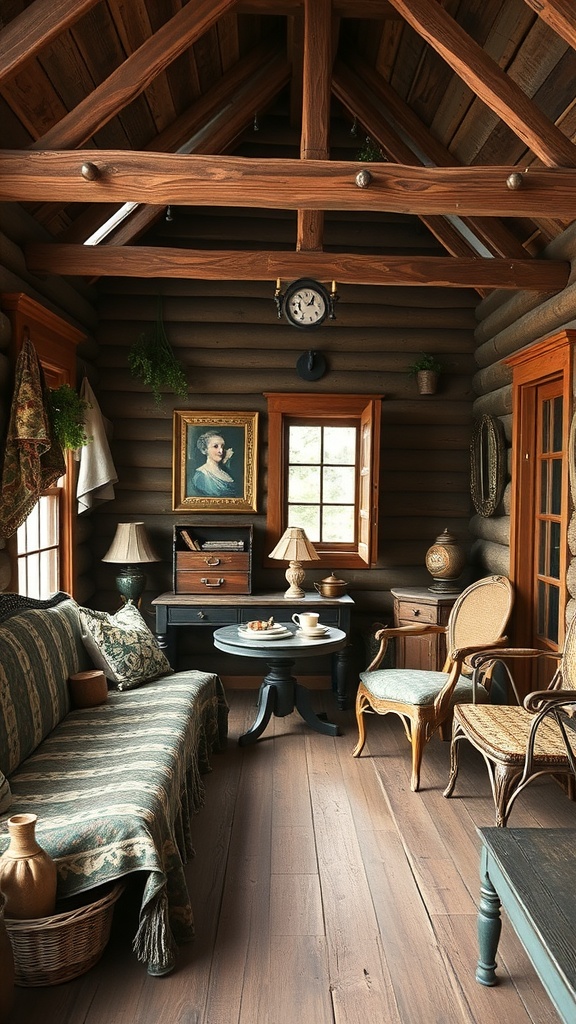 Cozy vintage cabin interior with wooden beams, rustic furniture, and warm lighting.