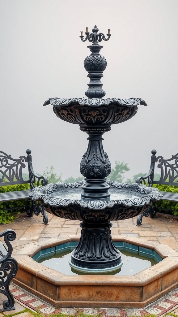 Vintage cast iron fountain surrounded by plants and stones